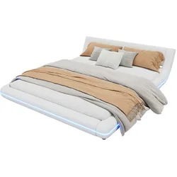 Merax 160*200cm Flachbett, Bodenbett, PU, LED-Umgebungslicht, 24-Tasten-Fernbedienung, weiß