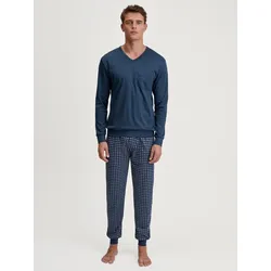 Schlafanzug CALIDA "Relax Streamline 1", Herren, Gr. L (52/54), blau (glacier lake), Interlock, Obermaterial: 100% Baumwolle, casual, bequem lang, V-Ausschnitt, Langarm angesetztes Bündchen, Homewear-Sets, atmungsaktiv, weich, V-Ausschnitt, Brusttasche