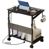 TWSOUL Beistelltisch Höhenverstellbarer Laptoptisch mit Rollen Ladestation, Couchtisch, PC-Aufbewahrung, Platzsparend & Modern für Sofa & Bett schwarz