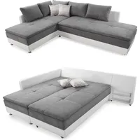 luma-home Federkern Ecksofa 306x223 cm Boxspring Topper, Schwenkteil rechts, Kunstleder Weiß+Mikrofaser Hell-Grau / 15104