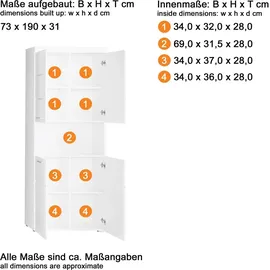 trendteam Amanda Hochschrank 73 x 190 x 31 cm Weiß Hochglanz MDF