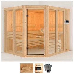 Karibu Sauna Anike 3, BxTxH: 231 x 196 x 198 cm, 68 mm, (Set) 9-kW-Ofen mit externer Steuerung beige