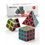 Roxenda Zauberwürfel Set, Original Speed Cube Set mit 2x2 3x3 Pyramide Speedcube, Einfaches Drehen & Flüssiges Spielen, Aufkleber Version (Kohlefaser)