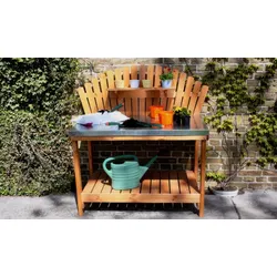 Gärtnertisch Holz Lodz Honigbraun 160 x 69 x 139 cm - Pflanztisch aus Kiefer/Fichte - Garten Arbeitstisch - Pflanzbank für den Garten