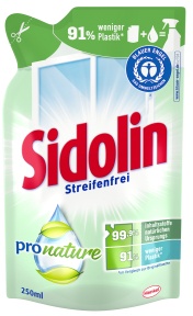 Sidolin Pro Nature Glasreiniger, Streifenfreie Reinigung von Fenstern und Spiegel , 250 ml - Nachfüllbeutel