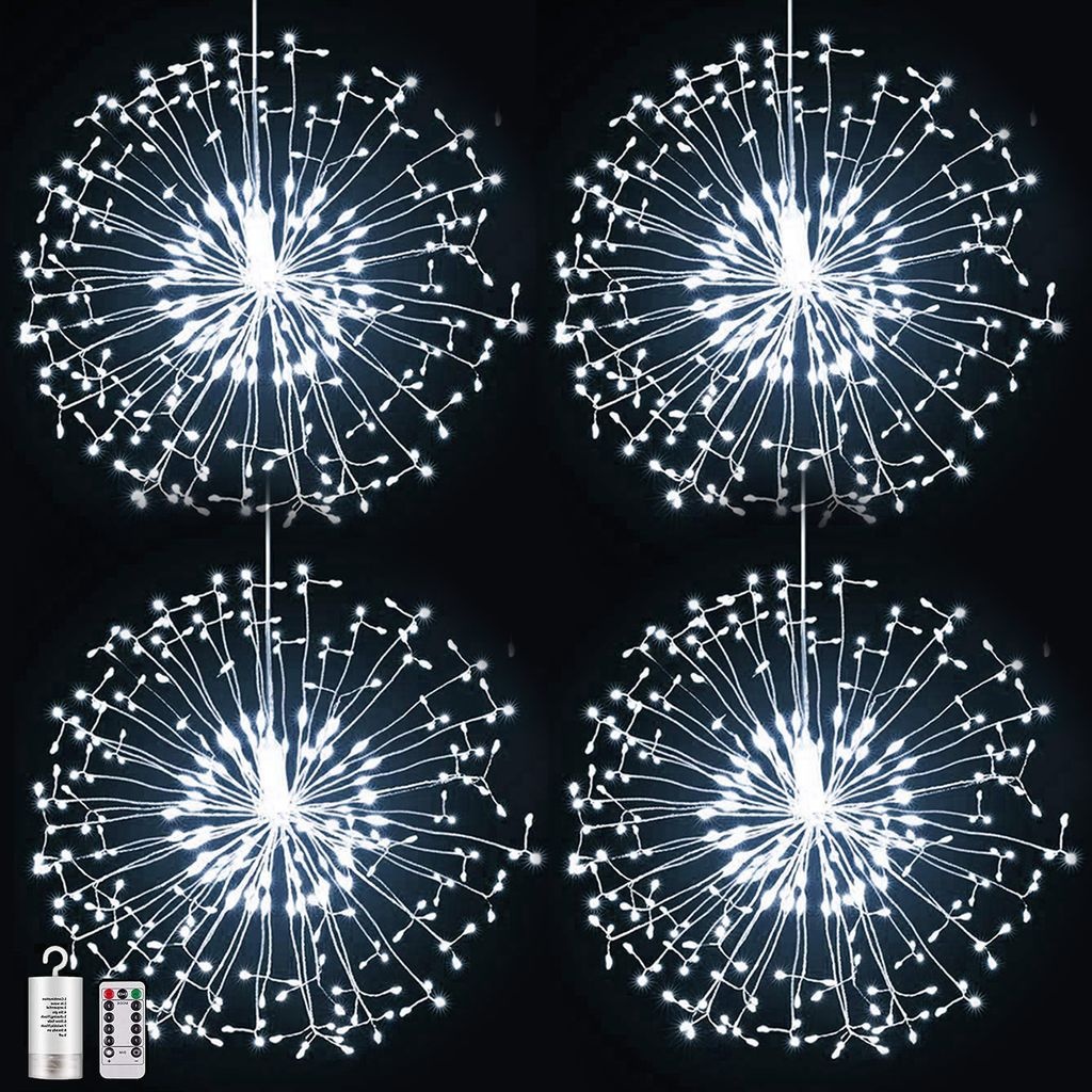 4 Stück Feuerwerk Lichterkette LED Starburst Licht 8 Lichtmodi Wasserdicht Weihnachtslicht mit Fernbedienung Außen Garten Weihnachten Deko, Weiß