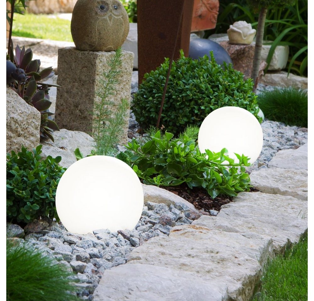 etc-shop LED Gartenleuchte, LED-Leuchtmittel fest verbaut, Warmweiß, 2er Set LED Außen Solar Lampen Kugel Design Erd Spieß Steck weiß