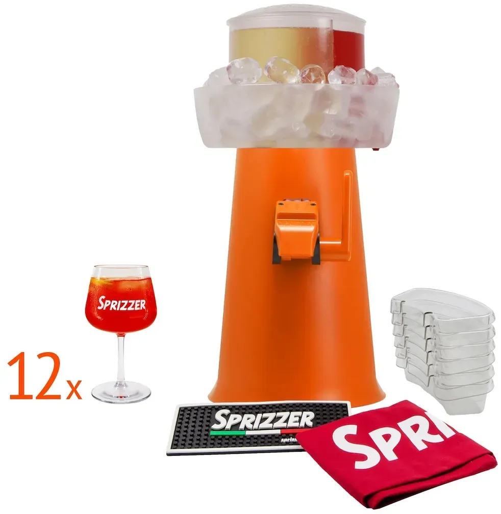 sprizzer Komplettes Aperitif-Set mit eleganter oranger Maschine aus hochwertigen Materialien, 12 robusten Gläsern, roter Tragetasche, 6 langlebigen Aufbewahrun