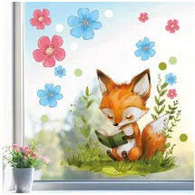 Sunnywall Fensterdekoration wiederverwendbares Fensterbild Buch lesender Fuchs im Blumenmeer, wiederverwendbar, statisch haftend, beidseitiger Druck
