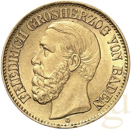 10 Mark Goldmünze Friedrich Grossherzog von Baden J186 (1875-1888)
