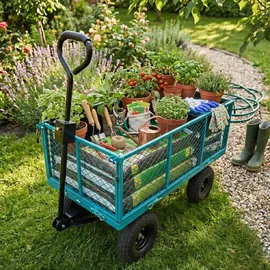 sillar Bollerwagen klappbar 350 kg blau mit Gartenhandschuhen