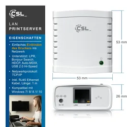 CSL LAN Printserver Druckerserver - Fast Ethernet - USB2.0 High Speed - LRP Print Server für Windows - Netzwerk USB zu RJ45 - DHCP fähig, TCP/IP