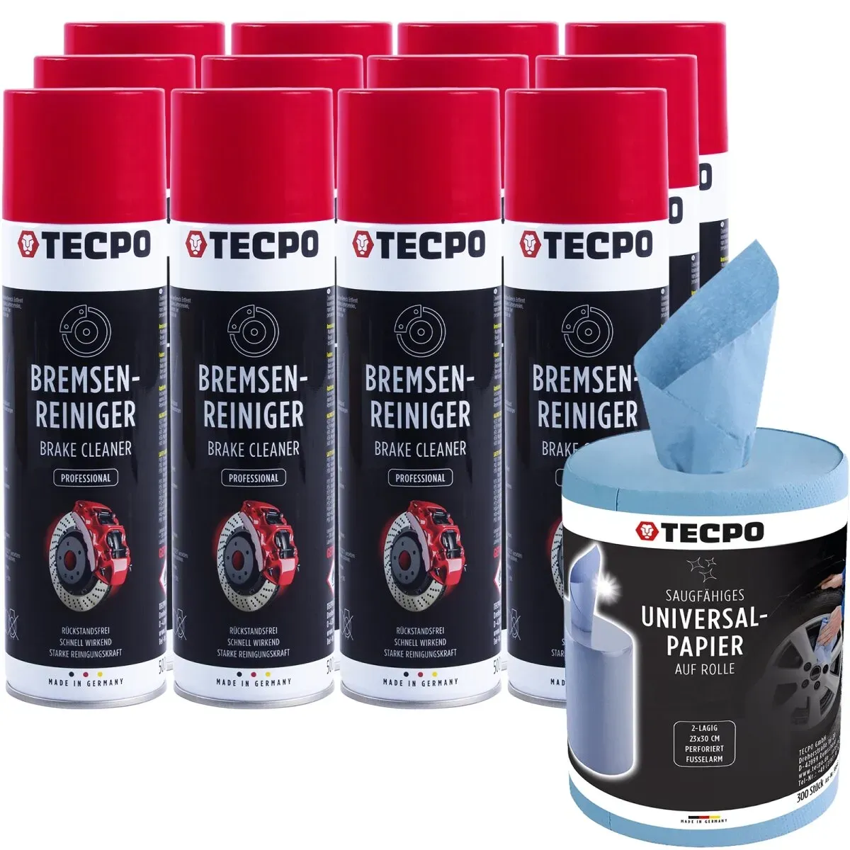 12x TECPO Bremsenreiniger Universal Reiniger, 500 ml + Putzrolle...