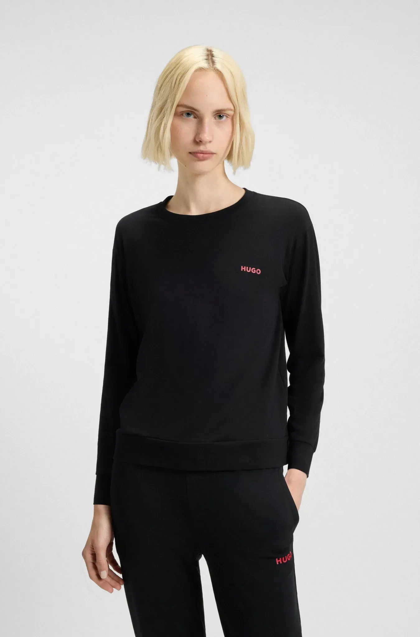 Langarmshirt HUGO UNDERWEAR, Damen, Gr. S, schwarz, Jersey, Obermaterial: 95% Baumwolle, 5% Elasthan, unifarben, regular fit normal, Rundhals, Shirts Langarmshirt, regular fit, Rundhals, kontrastfarbener Print