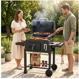 TLGREEN Holzkohlegrill XXL Holzkohlegrill Grillwagen mit Deckel, 3-Zonen Multifunktionaler Smoker Grill, Höhenverstellbare Kohleschale,Thermometer & 4 Lüftungsschlitze, Mit 2 klappbaren Ablagen, Rädern und Aschekasten schwarz