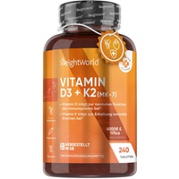 Vitamin D3 + K2 4000 I.E. Tabletten - Für Knochen, Immunsystem & Muskeln (EFSA) - 240 Stück mit 125μg Vitamin K2 Menachinon - 1 Tablette/4 Tage - All-Trans K2 MK7 - Sonnenvitamin - WeightWorld