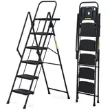 BBWL Trittleiter 4/5 Step Ladder Stahl Klappbar Trittleiter Safe-Lock Design, mit Handlauf Anti-Rutsch Breite Pedale für Küche Haushalt 330 lbs schwarz 110 cm x 45 cm x 174 cm