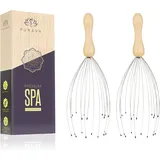 PURAVA [Das Original] Holz Kopfmassagegerät mit verbessertem Konzept - Edler Kopfkrauler mit 20 Fingern und Griff aus Holz - Premium Kopfmassage Spinne - Geschenk geeigneter Kopf Kratzer - 2er Pack