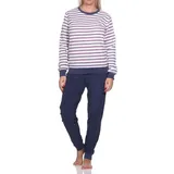 Normann Pyjama Damen Frottee Schlafanzug langarm mit Bündchen in Streifenoptik blau 52-54