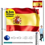 monzana MONZANA® Aluminium Teleskop Fahnenmast 6,30m Bodenhülse 60cm inkl. Spanien Flagge Spanische Nationalflagge Fahne Flaggenmast Mast Alu