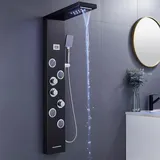 KEOKBON Duschpaneel Regendusche Edelstahl Schwarz mit LED-Lichter,5 Funktionen Duschsystem mit Handbrause, Massagedusche und Wasserfall Dusche