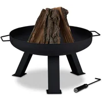 Relaxdays Feuerschale Durchmesser 60 cm, inkl. Schürhaken, Garten & Terrasse Feuerstelle, rund, Feuerkorb Stahl, schwarz,