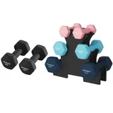 SONGMICS Hanteln, Hantelset 2 x 5 kg, Kurzhanteln mit Hantelständer 2 x 1 kg, 2 x 2 kg, 2 x 3 kg, Krafttraining, zu Hause, im Büro, Fitnessstudio, schwarz, rosa, aquamarin und blau SYL60MK