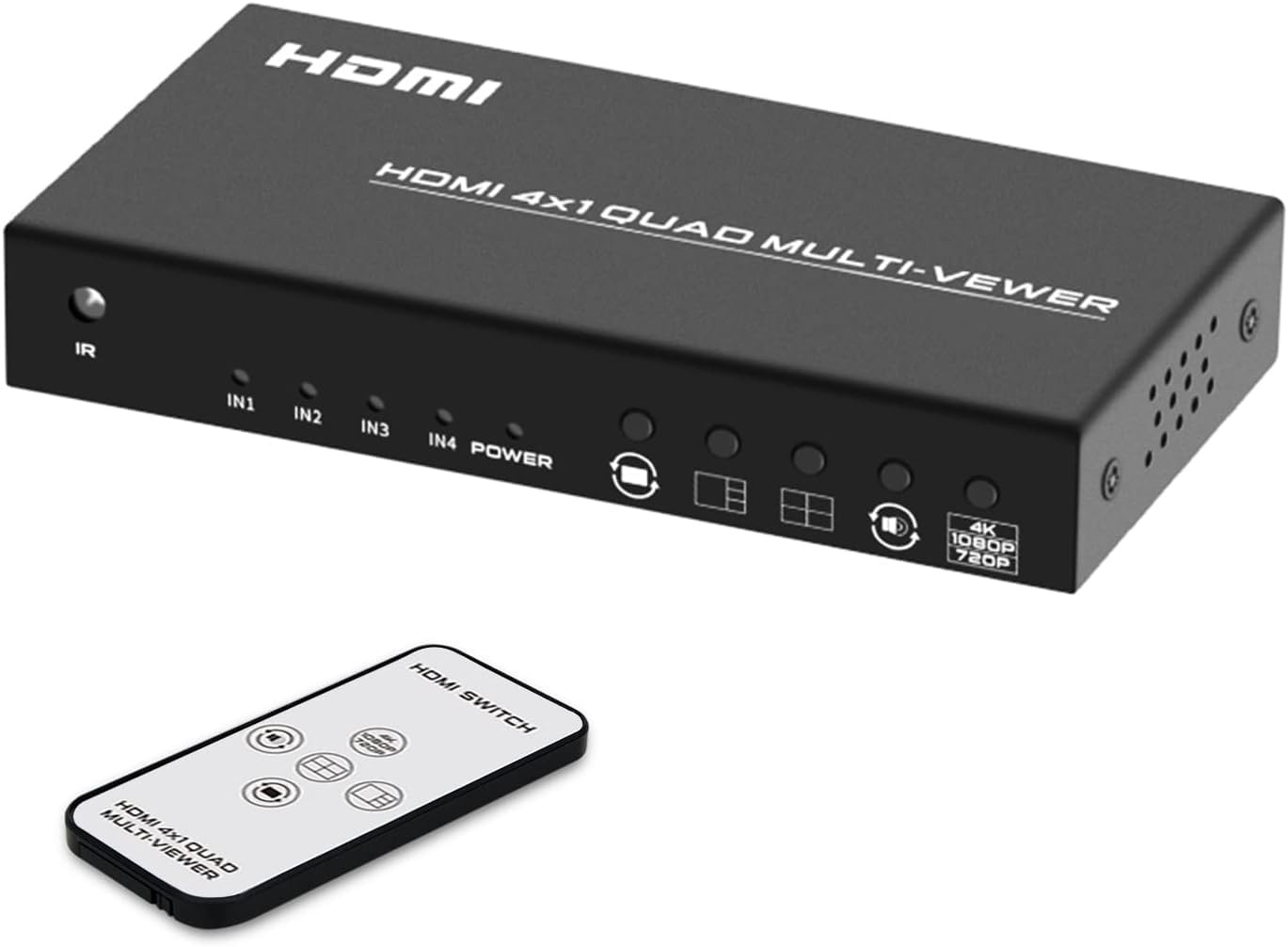 4 Port HDMI Switch 4x1 Quad Multiviewer, 4K HDMI Seamless Switch mit IR-Fernbedienung, 5 Viewing Modi, Unterstützung 3D 4K 1080p 720p für Security Camera/Xbox/PS4/PC/HDTV