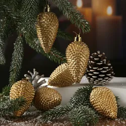 Weihnachtsbaumschmuck Tannenzapfen bruchfest glitzernd H: 8cm 6St gold