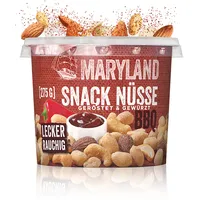 Maryland Snack Nüsse BBQ Style 6 x 275g Becher – Lecker-rauchig gewürzte Nussmischung mit gerösteten Erdnüssen, Cashewkernen und Mandeln – Wiederverschließbarer Becher (6 x 275g)