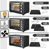 Jago® Minibackofen - mit Umluft, Drehspieß, Innenbeleuchtung, Elektrisch, 48L, 6 Kochmodi, 2000W, Timer, 100 - 230 °, Doppelglastür, Schwarz - Schwarz