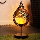 ETC Shop etc-shop LED Solar Tisch Leuchte Feuer Effekt Garten Deko Tropfen gold Außen Lampe Crackle Glas Flammen