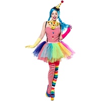 Damen Clown Outfit Kostüm Verkleidung mit Body, Hut, Haarreif, Tutu, Fliege, Strümpfe und Handschuhe in bunt L