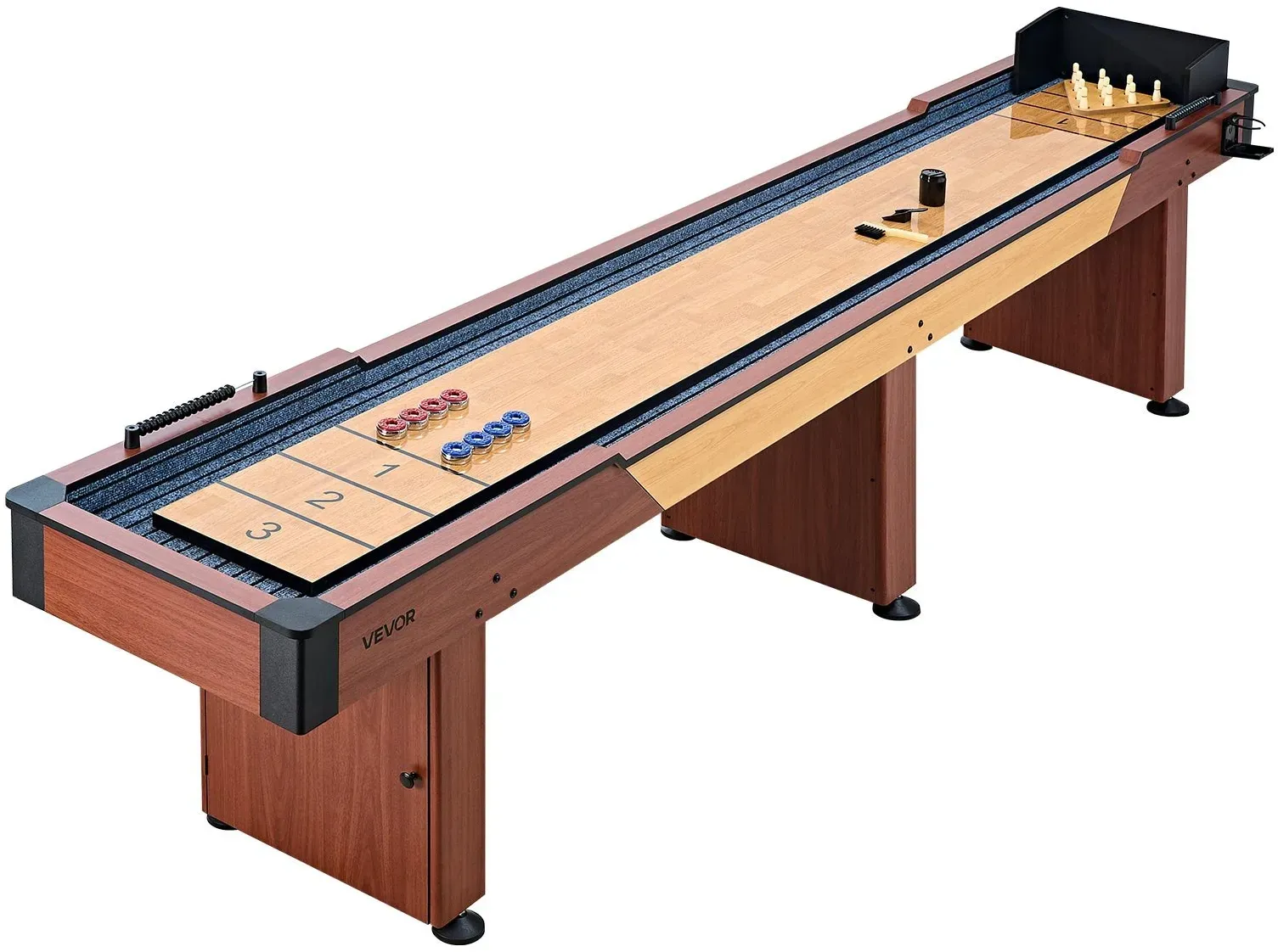 VEVOR Shuffleboard-Tisch 3,7 m 2-in-1 mit Bowling-Set und 8 Pucks Indoor, Shuffleboard mit Rustikaler Holzoptik, Kratzfester Spielfläche, Wachs und Bürste, für das Familienspielzimmer zu Hause