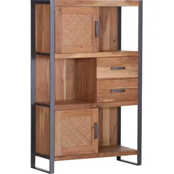 Regal GUTMANN FACTORY "Alvara", grau (natur, anthrazit), B:90cm H:140cm T:42cm, Massivholz, Metall, Regale, Massivholz, Rattangeflecht in der Front