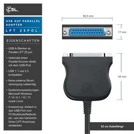 CSL USB auf Parallel Adapter LPT 25pol., Druckerkabel Adapterkabel, Plug and Play, schwarz