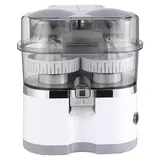 Elektrische Zitruspresse Doppelkopf 150W, Saftpresse mit Integriertem Fruchtschneider, Schnellentsafter für Orange Zitrone Grapefruit, Edelstahl - Weiß