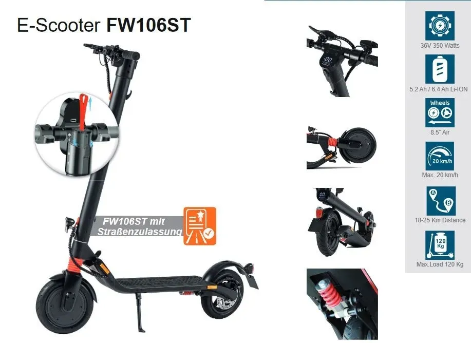 EM2GO Elektroroller faltbar FW106ST 6.4 Ah E-Scooter 350 Watt 36V max 120 KG ...