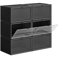 SONGMICS Schuhboxen, 6 Stück, stapelbar, mit Tür, aus Kunststoff, Größe bis 46, 36 x 28 x 22 cm, Schwarz LSP06CB