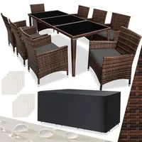 tectake Aluminium Poly Rattan Gartenmöbel Set 8 Stühle mit Tisch mit Glasplatten, inkl. 2 Bezugssets und Schutzhülle, wetterfeste Balkon Möbel - grau