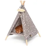 Outentin Tierbett Katzentipi und Hundehöhle mit Bett - Tipi-Zelt für Katze und Hund, 100% Baumwolle, Abnehmbares Bett, Beschriftbares Namensschild, Verstellbares Seil braun