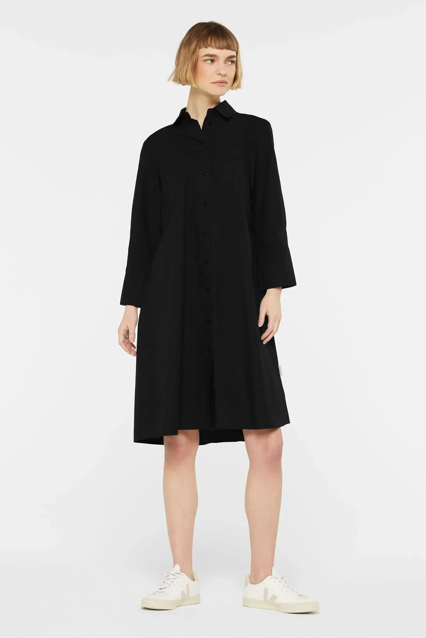 Sommerkleid SENSES.THE LABEL, Damen, Gr. 3XL, US-Größen, schwarz, Web, Material: 100% Baumwolle, unifarben, regular fit Midi, hoch geschlossener Ausschnitt, eingesetzt 1-Knopf-Manschette, Kleider Sommerkleid, aus Baumwolle