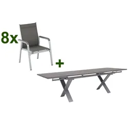 KETTLER BasicPlus Garten-Essgruppe, silber / anthrazit, Alu / HPL / Textil, Tisch 180/280x100cm, 8 Stapelsessel