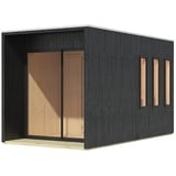 Woodfeeling Karibu Design Saunahaus Miramar mit Vorraum - 73 mm schwarz Inkl. Terrasse Ohne Ofen inkl. 8-teiligem gratis Zubehörpaket (Gesamtwert 191,92€)