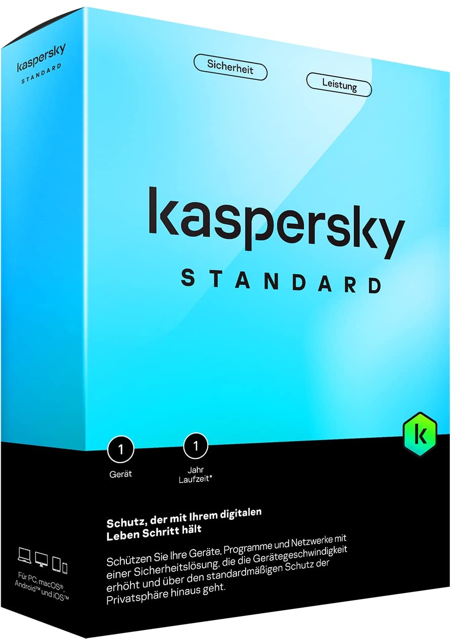 Kaspersky Standard 2023|1 Gerät|1 Jahr|Umfassender Schutz|Online-Banking Schutz |Leistungsoptimierung|PC/Mac/Mobile|Aktivierungscode in Standardverpackung