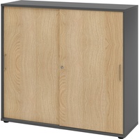 bümö Schiebetürenschrank "3OH" - Aktenschrank abschließbar, Sideboard Schrank mit Schiebetüren in Graphit/Eiche - Büroschrank aus Holz mit