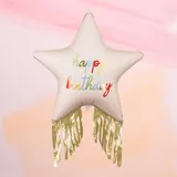 Folienballon Stern mit Fransen Happy Birthday Farbmix –ca. 72x72cm aufgeblasen, Luft & Helium, wiederverwendbar, inkl. Strohhalm, Geburtstag Ballon, Party Dekoration, großer Luftballon Feier