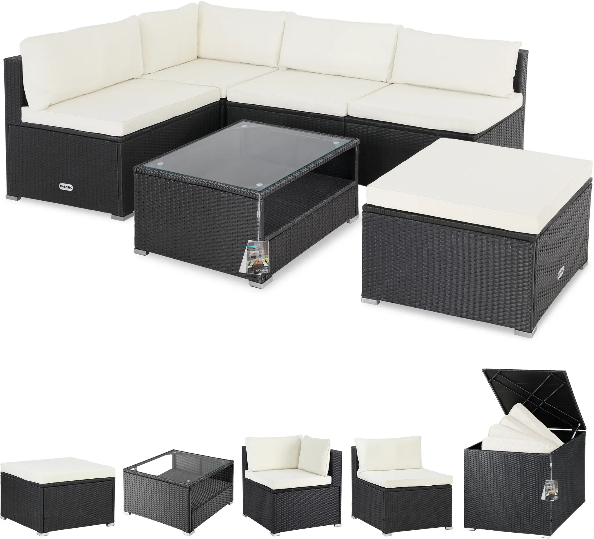 Polyrattan corner lounge black/cream with polyrattan cushion box black