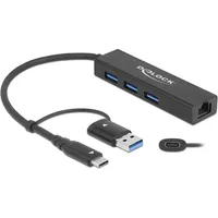 DeLock 3 Port USB 3.2 Gen 1 Hub (USB-C, 3 Ports), Dockingstation + Gigabit LAN USB 3.0) Schwarz