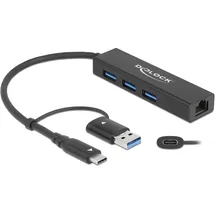 DeLock 3 Port USB 3.2 Gen 1 Hub (USB-C, 3 Ports), Dockingstation + Gigabit LAN USB 3.0) Schwarz